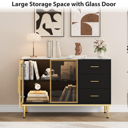 GAOMON Buffet Sideboard Cabinet with Storage, 46.4" Large Fluted Kitchen Sideboard Cabinet with 2 Glass Doors 3 Drawers and Shelves, Faux Marble Top Buffet Table for Dining Room, Living Room, Black