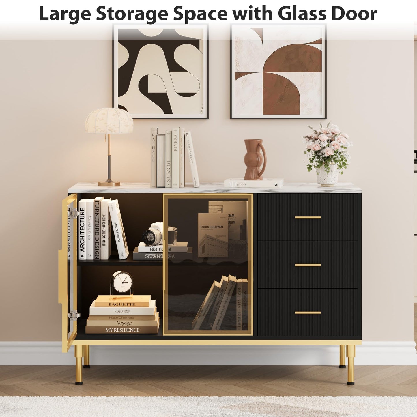 IDEALHOUSE Fluted Sideboard Cabinet, 46.4" Modern Sideboard Buffet Cabinet with 3 Drawers, 2 Glass Doors, Faux Marble Tabletop, Adjustable Shelves for Kitchen, Dining Room, Black