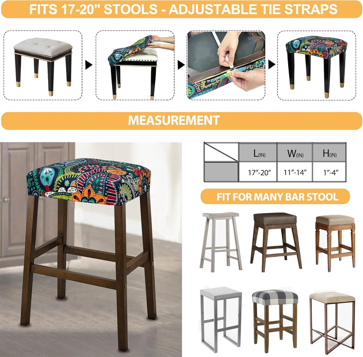 Counter C,4 Pack NeColorLife Stool Covers Rectangle Printed,Stretch Waterproof Saddle Seat Covers for Height