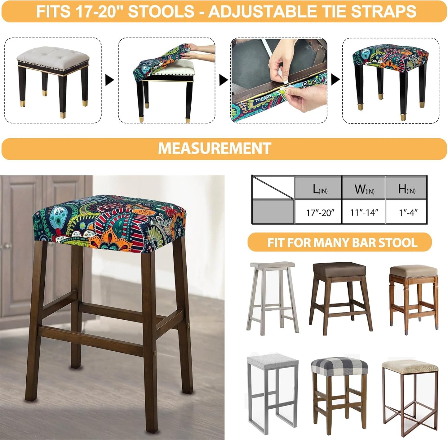 Counter C,2 Pack NeColorLife Stool Covers Rectangle Printed,Stretch Waterproof Saddle Seat Covers for Height