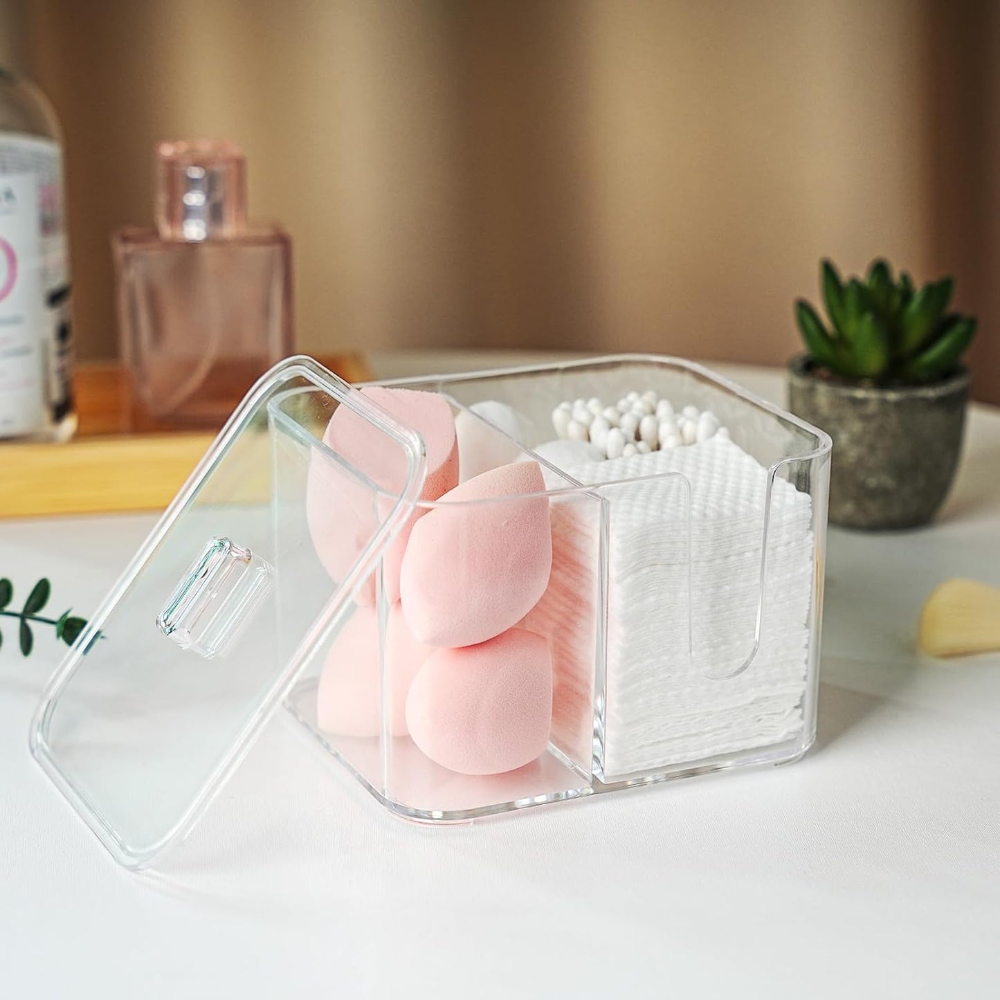 Qtip Holder - Clear Acrylic Cosmetic Items Storage Dispenser for Bathroom Vanity Countertop, 4 Compartments