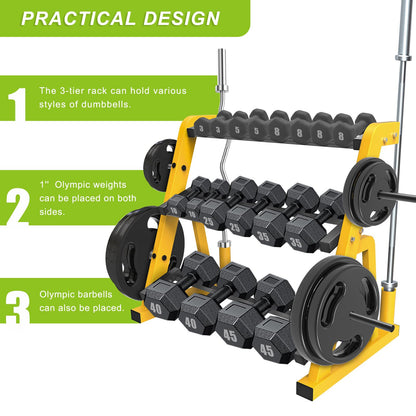 Kipika Heavy Duty 3 Tier Dumbbell Rack Multifunctional, Weight Rack for Dumbbells, Home Gym Equipment, Suitable for Storage of Dumbbell, Barbell Plate, Barbell Bar