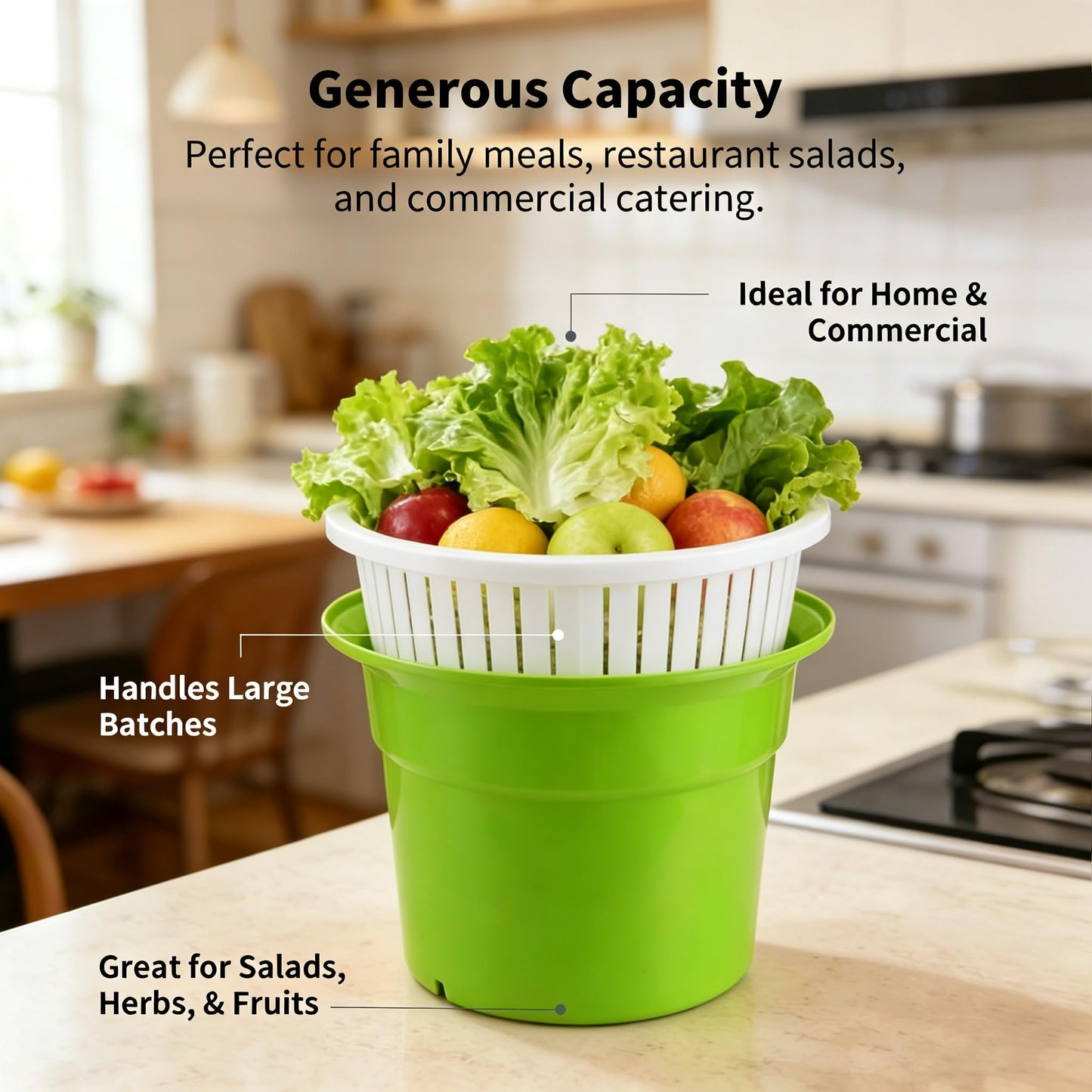 Heavy-Duty Vegetable Spinner, 12L Large Capacity Salad Dryer, Manual Lettuce Spinner for Commercial Catering, 3 Gallon Food-Grade Veggie Drainer for Restaurants, Food Trucks & Home Kitchens