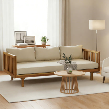 Merax Solid Acacia Wood Couch Chaise Lounge Chair Indoor, 3 Seater Daybed Sofa Couches with Cushions & Pillow, Heavy Frame Day Bed for Living Room, Office, Outdoor, Balcony, Patio, Water Resistant