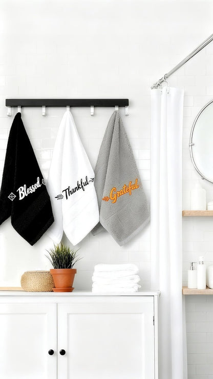 QBrand 3 Pcs Farmhouse Bathroom Decor Hand Towels 14x29 Inch Cotton Bath Towels Rustic Embroidered for Boho Kitchen Decor Inspirational Christian Gift (Blessed Thankful Grateful-C)