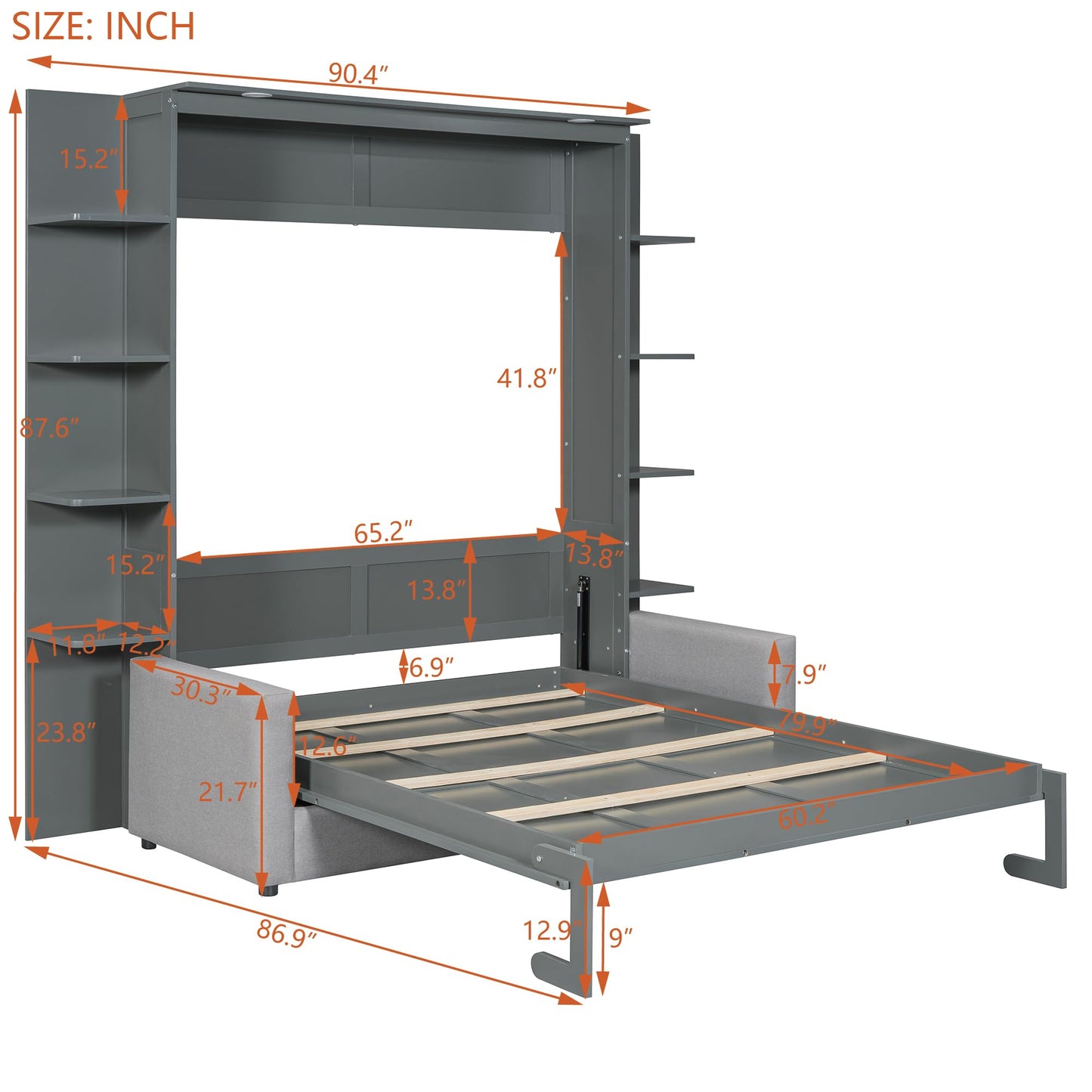 Merax Queen Size Murphy with Sofa and Shelves for Bedroom or Guestroom Wall Bed Space Saving Hidden Bed,No Need Fix to The Wall,Gray