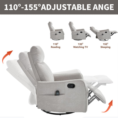 KEIKI 4-in-1 Manual Swivel Rocker Recliner Chair for Living Room, Chenille Nursery Glider Rocking Chairs with Back Massager & Heat, Comfortable Reading Chair Modern Bedroom Furniture, Light Grey