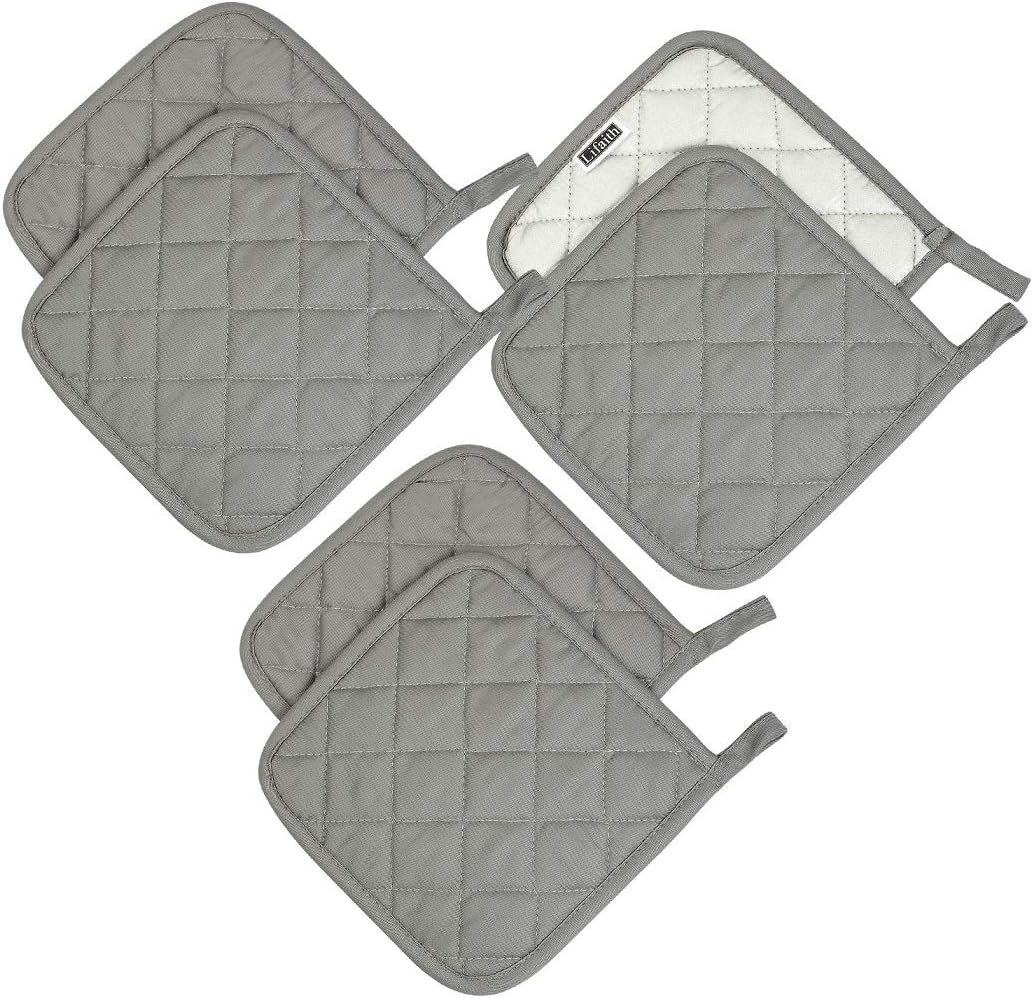 6 Pack Cotton Pot Holders Set, 7 Inch Heat Resistant Hot Pads for Cooking and Baking, Dark Grey