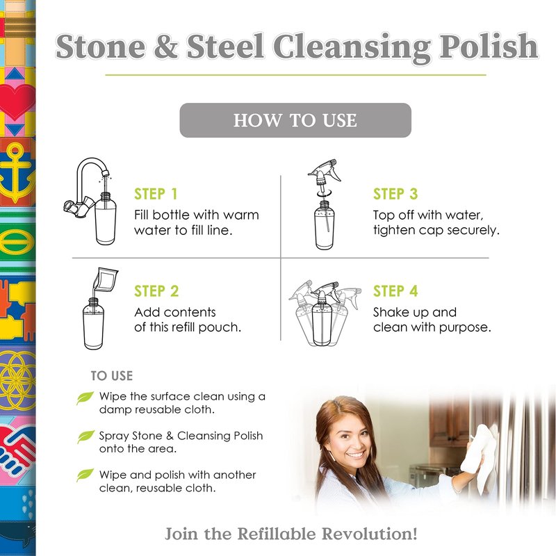 Truly Free Stone & Steel Cleansing Polish Starter Kit - Quartz, Marble, Granite, Stone Countertop, Oven, Stainless Steel Cleaner - 12oz Empty Bottle, 1 Concentrated Fill (3oz)-No Harmful Ingredients