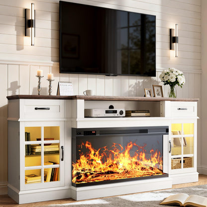 OneBlis 70" TV Stand with 36" Electric Fireplace, Entertainment Center Console Table for TV up to 80'', Fireplace TV Stand with Open Storage Shelves and Glass Door for Living Room, White