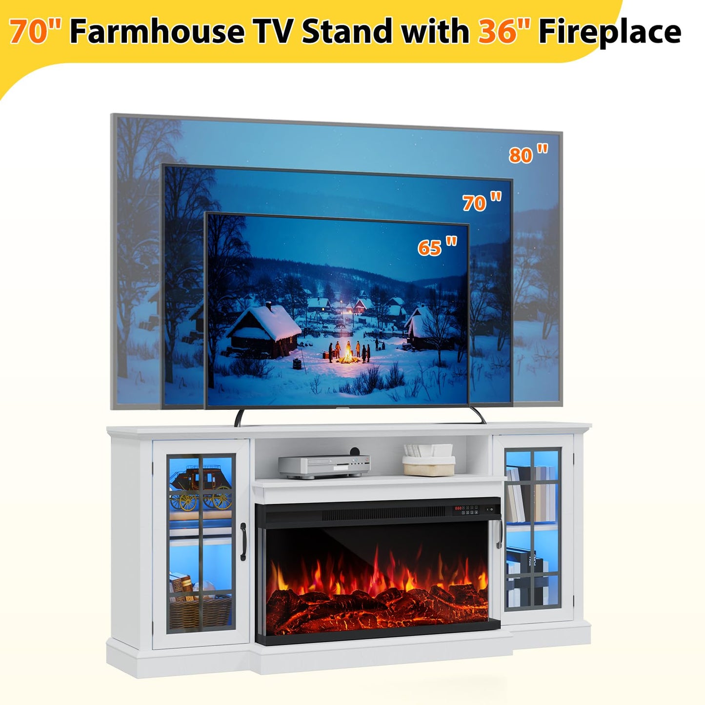 OneBlis 70 Inch Fireplace TV Stand for TVs up to 80", Rustic Media Entertainment Center Console Table with Glass Door Closed Storage, 3-Sided Glass Fireplace, White