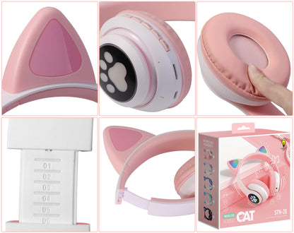 TCJJ Bluetooth 6.0 Cat Ear Kids Headphones for Girls, LED Light Up, 85dB Safe Volume Limit, Stereo Sound Toddler Foldable Wireless & 3.5mm Wired Headset with Mic for School, Tablet, Travel