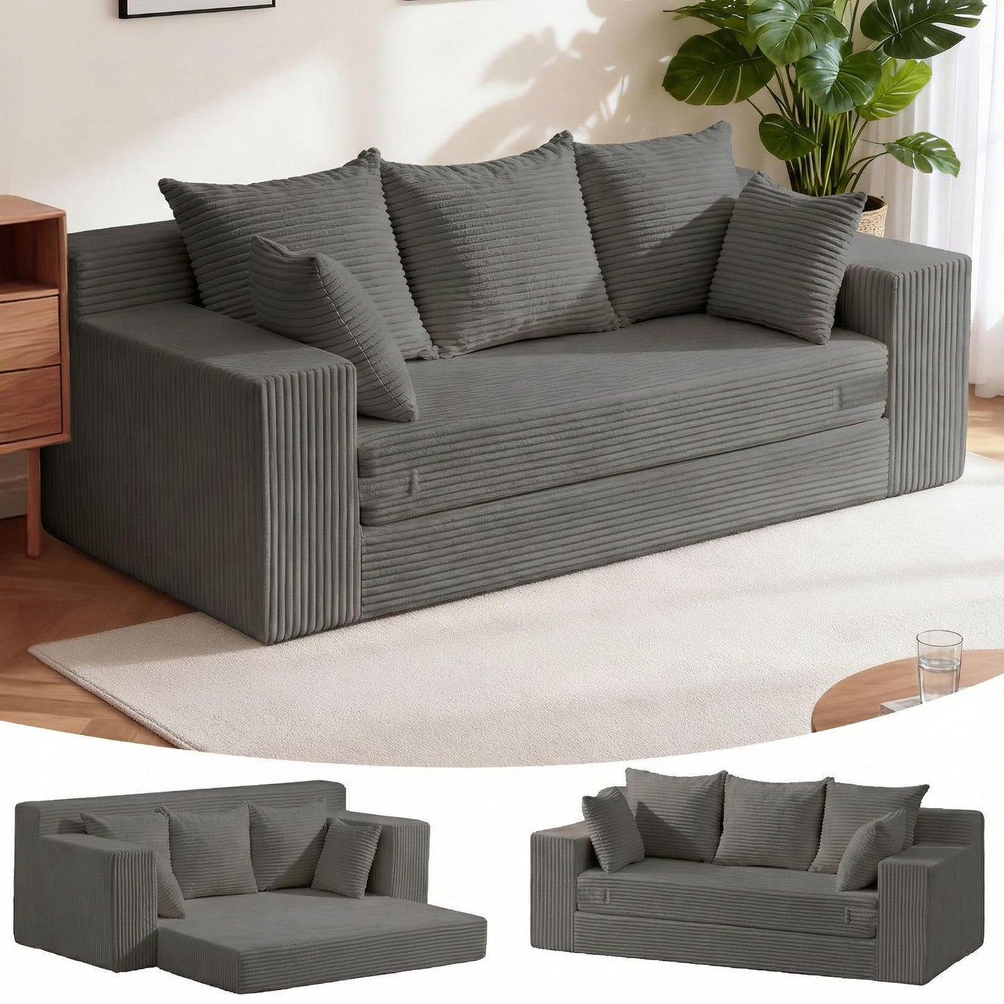 Winzoo Oversized Boneless Loveseat, 3 Seater Pull Out Convertible Sofa Bed, 70" Gray Boneless Couch Fold Out Floor Couch Sleeper Sofa with 5 Pillows for Living Room Bedroom Lounge Small Space