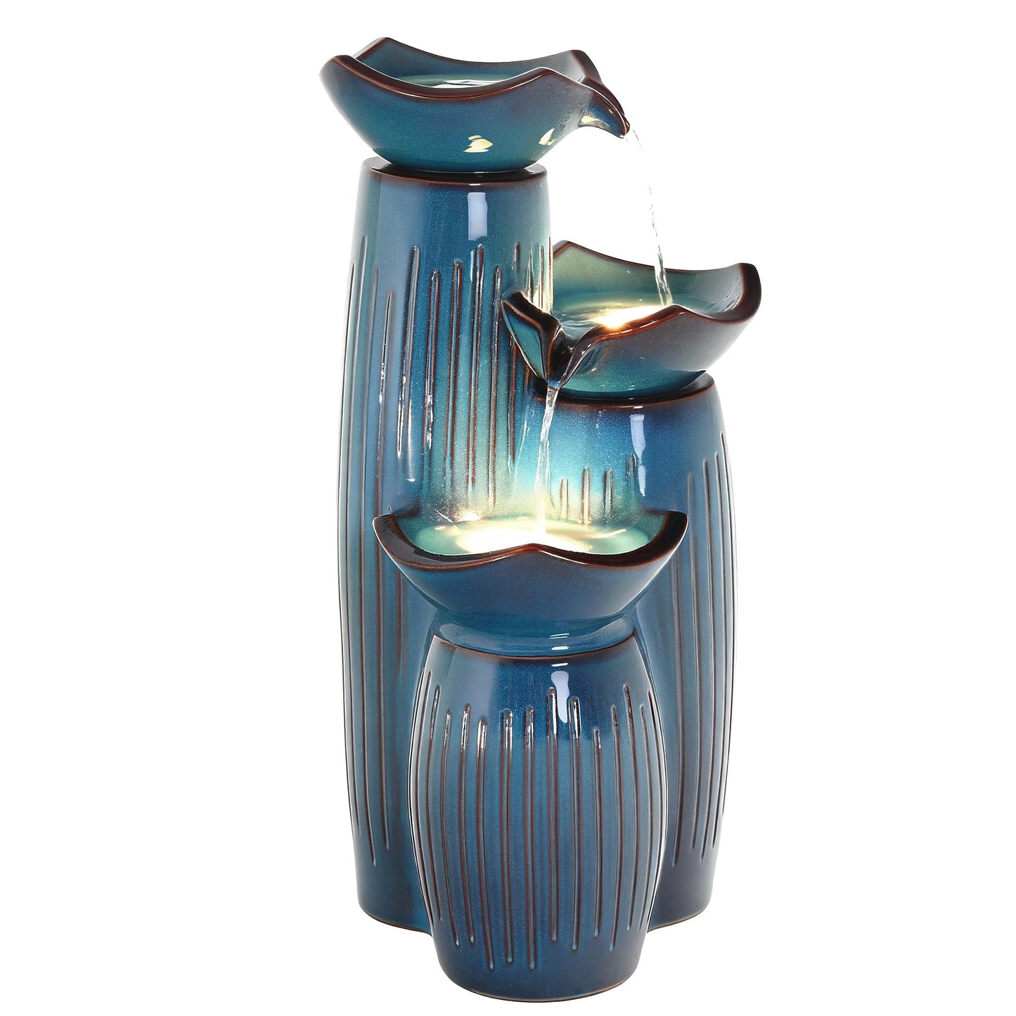 Autodaya 30" H Ceramic Outdoor Water Fountain with LED Lights, 3-Tier Cascading Lotus Bowls Water Feature, Soothing Cascading Waterfall for Garden, Patio, Yard, Turquoise Vertical Striped Texture