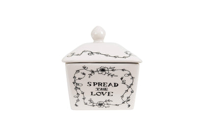 Creative Co-Op Country Stoneware Butter Dish with Lid, "Spread the Love" Message, and Farm Line Drawing, White and Black, Food, Microwave, and Dishwasher Safe