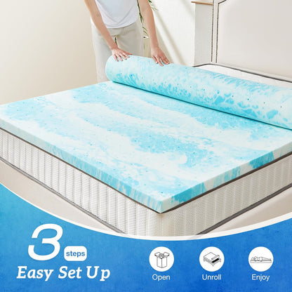 Sweetcrispy Memory Foam Mattress Topper - 3 Inch Thick Gel-Infused Cooling Pad for Full Size Bed | CertiPUR US Certified, Breathable Blue