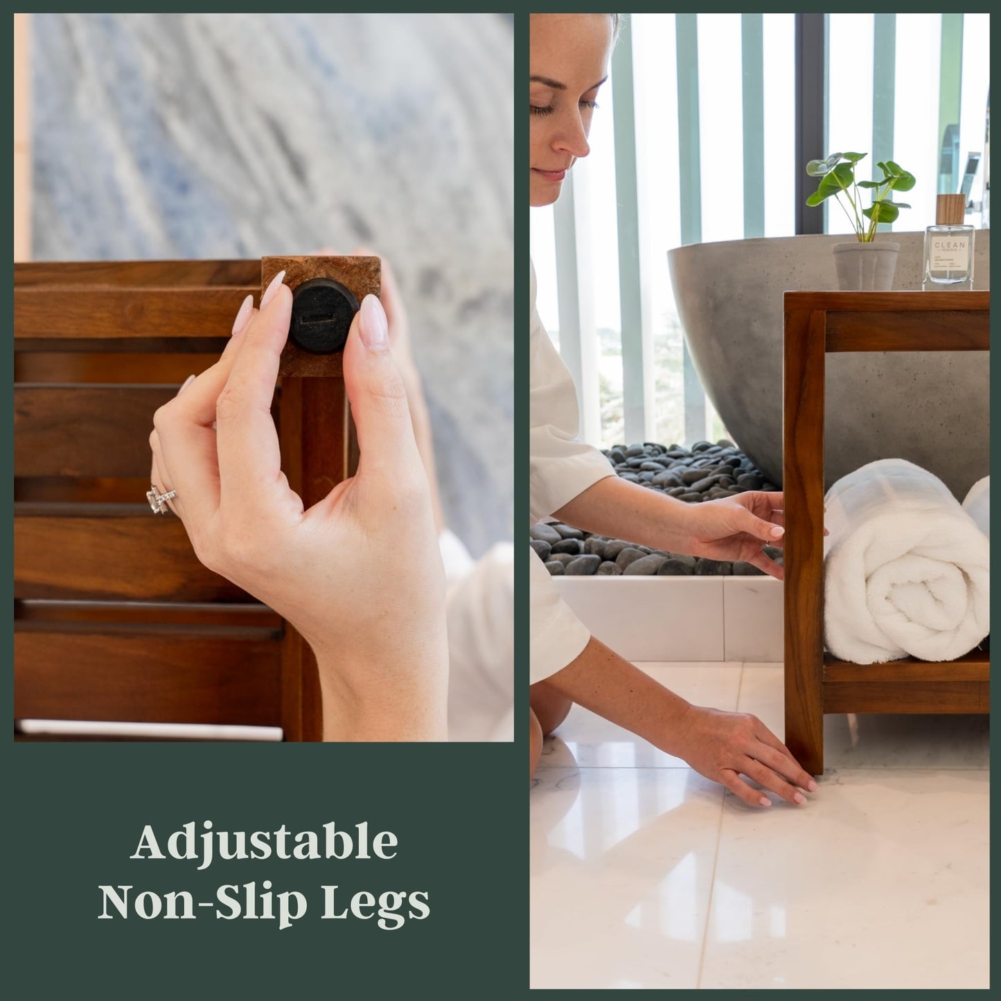 The Teaky Hut Teak Shower Bench 30 Inch – Fully Assembled Wooden Bench with Shelf, Water-Resistant, Non-Slip Adjustable Feet – Indoor Spa, Garden, or Bathroom Use