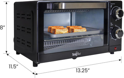 Total Chef 4 Slice Toaster Oven, Compact Kitchen Appliance for Pizza, Bake, Toast, Broil, Black and Stainless Steel