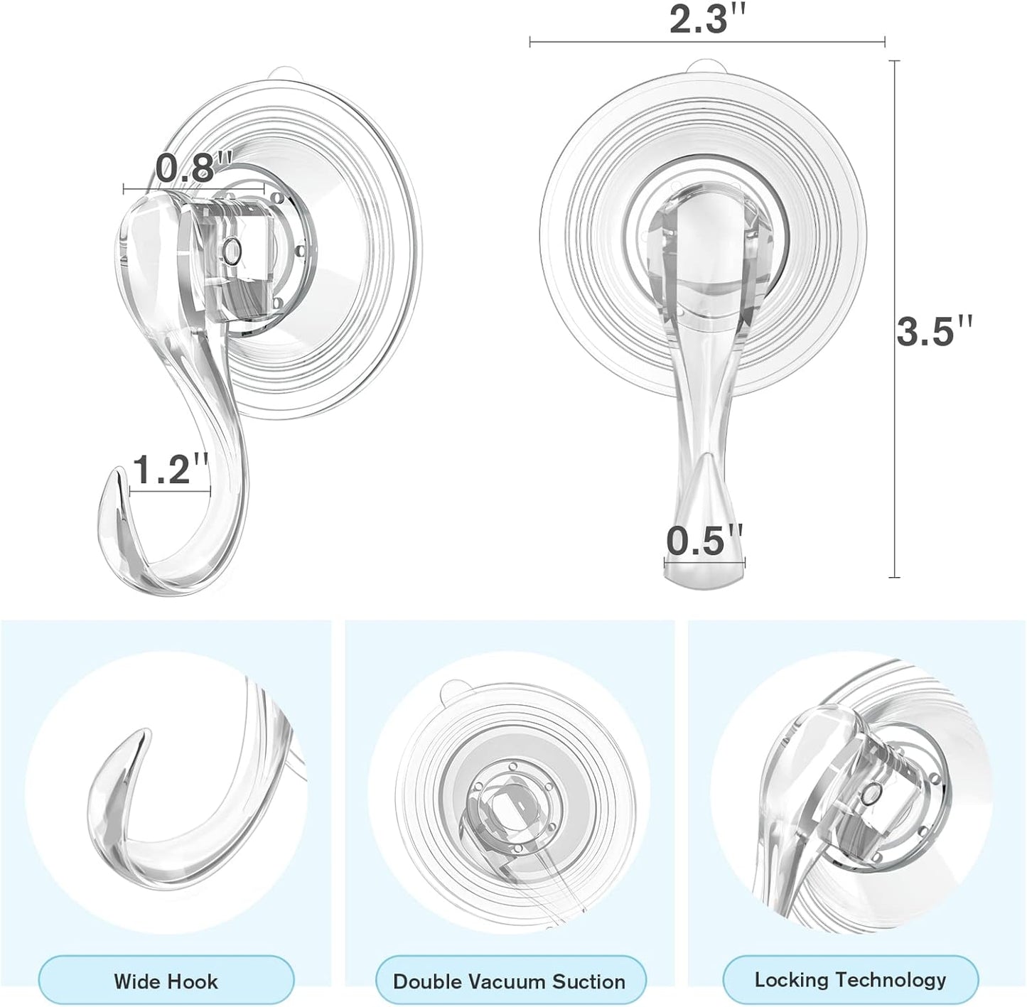 VIS'V Suction Cup Hooks - Heavy Duty Removable Shower Hooks | Clear, 4 Pack with Wipes