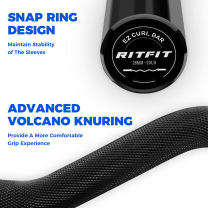 RitFit 2 Inch EZ Curl Bar with Weights, 350LBS Capacity Olympic Barbell for Bicep & Triceps, Home Gym Strength Training,Black with 155LBweights and Wristband