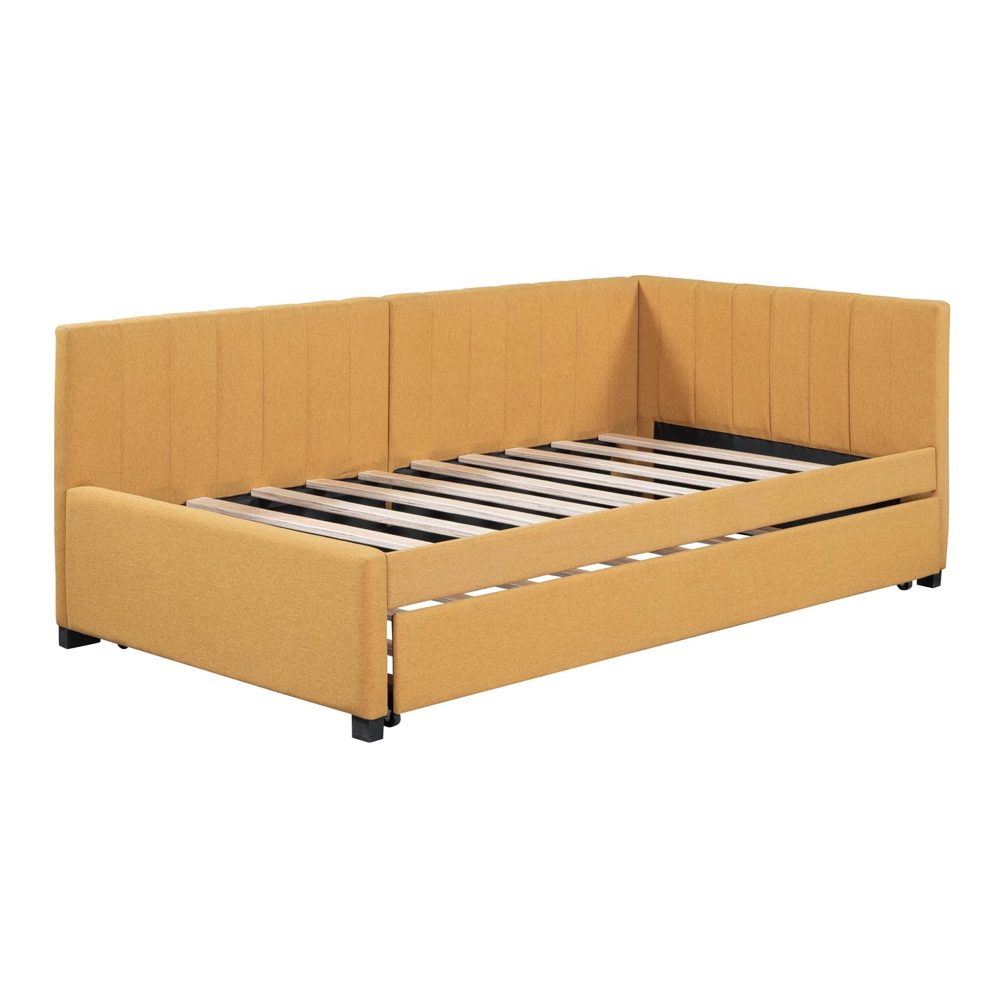 Jintop Twin Size Upholstered Linen Daybed with 2 Trundle,Semi-Closed Design,Solid Wood Bed Frame,W/Backrest and Slat Support,No Box Spring Needed,for Apartment Bedroom,Yellow