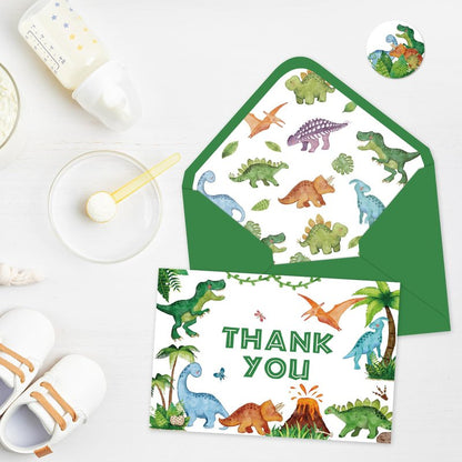 Whaline 24 Pack Dinosaur Thank You Cards Watercolor Green Jurassic Greeting Card with Envelopes Sticker Cute Animal Blank Note Card for Baby Shower Party Invitation Supplies, 4 x 6 Inch