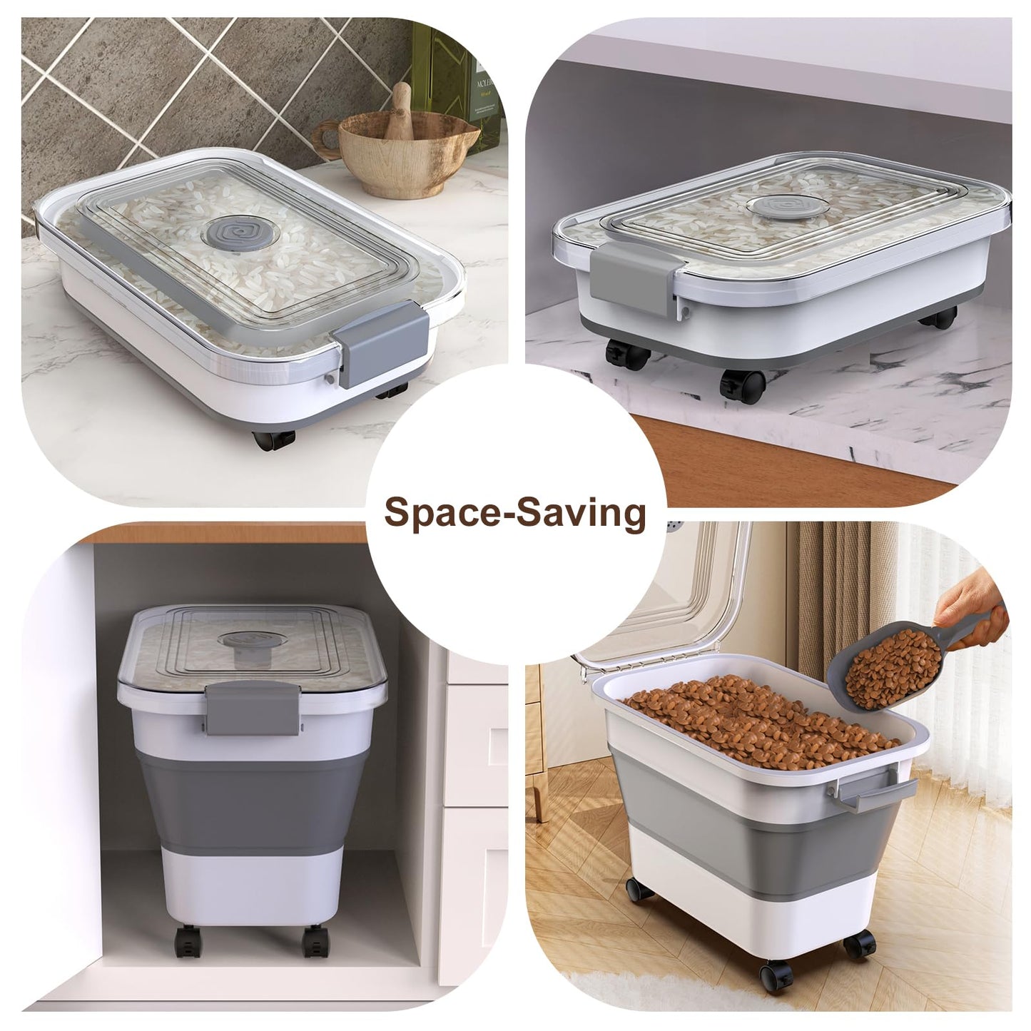 Rice Storage Container, Collapsible Airtight Food Storage Containers 20-30lbs with Clear Lid and Wheels, Rice Dispenser with Scoop for Flour Cereal Pasta Grain, Cat Pet Bird Dog Food Storage Container