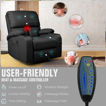 LAFWELL Rocking Recliner Chair, Massage Rocker Recliner Chair with Vibration Massage and Heat, USB and Type-C Ports,360° Swivel Faux Leather Chairs, Living Room, Bedroom, Nursery, RV, Black