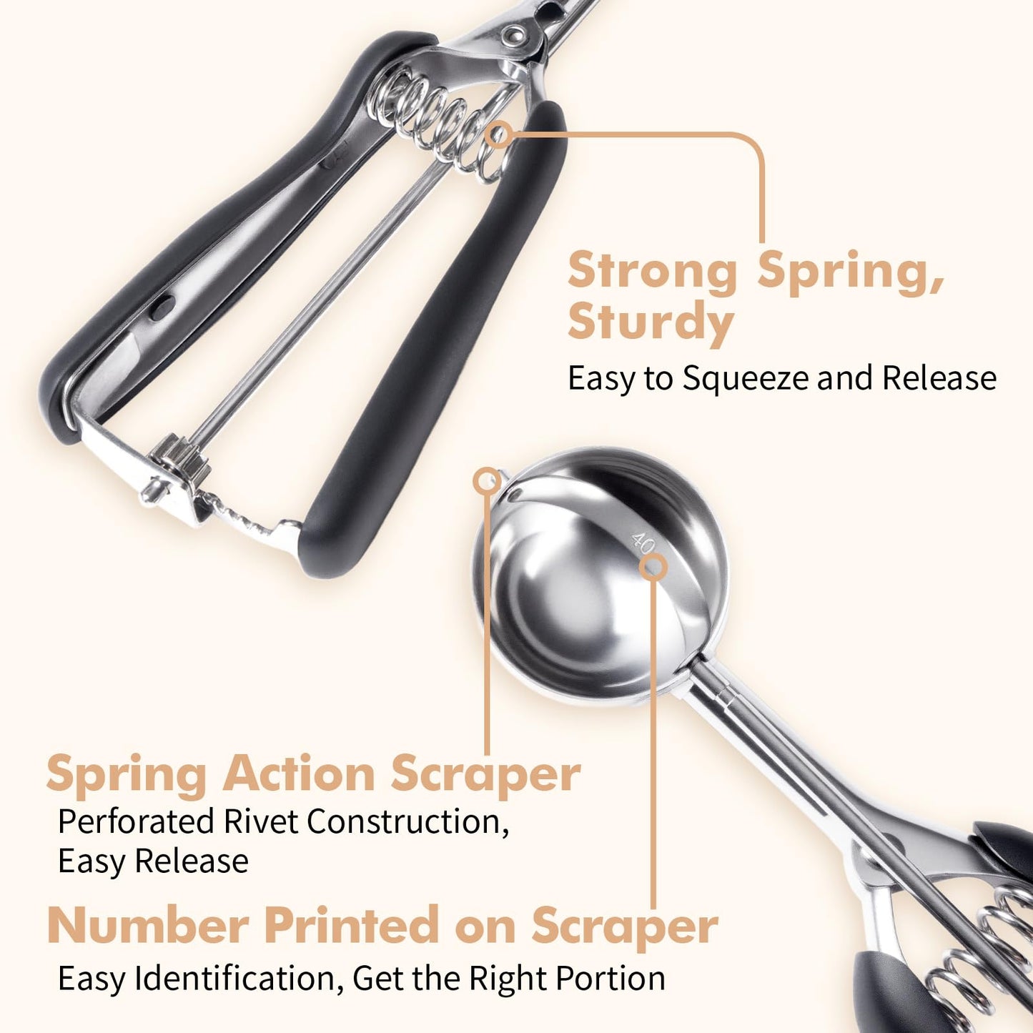 SUNNORN Cookie Scoop set, Cookie Scoops for Baking Set of 3, Size #60/ #40/ #20, Cookie Dough Scoop, Non-Slip Grip, Blue/Black/Mint Handle, For Cookies Muffin Cupcake Meatball Ice Cream