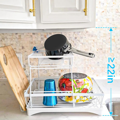 7 code Large Dish Drying Rack for Kitchen Counter, Detachable Large Capacity Dish Drainer Organizer, 2-Tier Dish Racks with Utensil Holder, Black