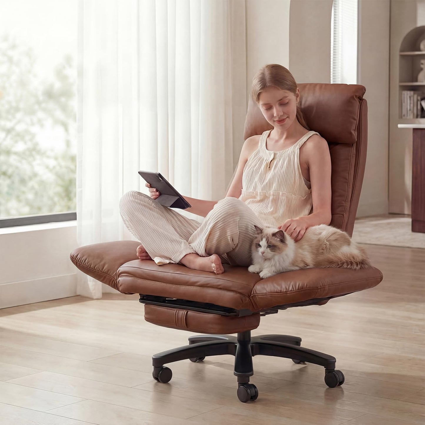 JULYMON Cross Legged Office Chair with Pets Friendly Seat, Plus Size Criss Cross Desk Chair, Big and Tall Office Chair with Foot Rest, Reversible Armrests & Wide Seat, Brown