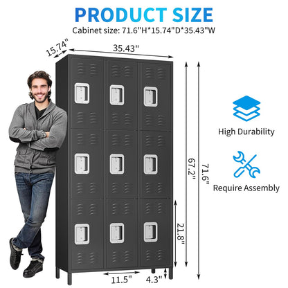 PhoenixCrest Metal Locker with 3 Doors & 9 Hooks, Heavy Duty Steel Storage Locker for Gym, Home, Office, School, Ventilated Design with Privacy Vents, Easy Assembly, Black