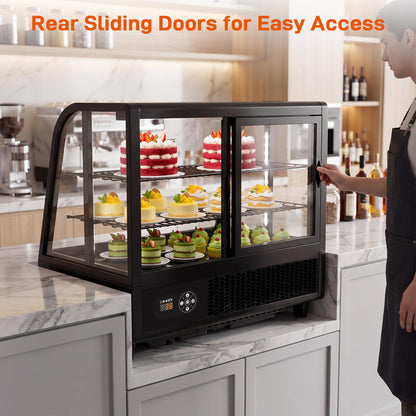 Commercial Cake Display Refrigerator, 100L Countertop Curved Glass Cooler with LED Light, Digital Thermostat, Frost-Free Pastry Showcase, Tempered Glass & Rear Sliding Doors for Bakery/Cafe/Home