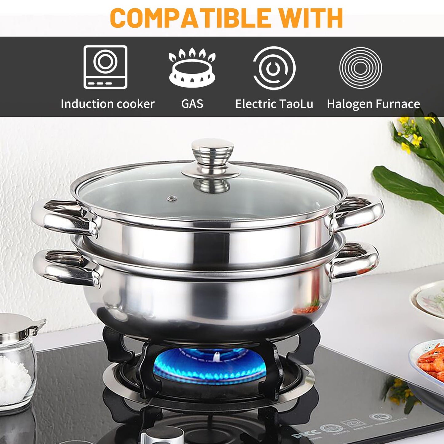 2-Tier 28cm 304 Stainless Steel Steamer Pot with Glass Lid,for Dumplings, Seafood, Veggie Stews & Homemade Soups