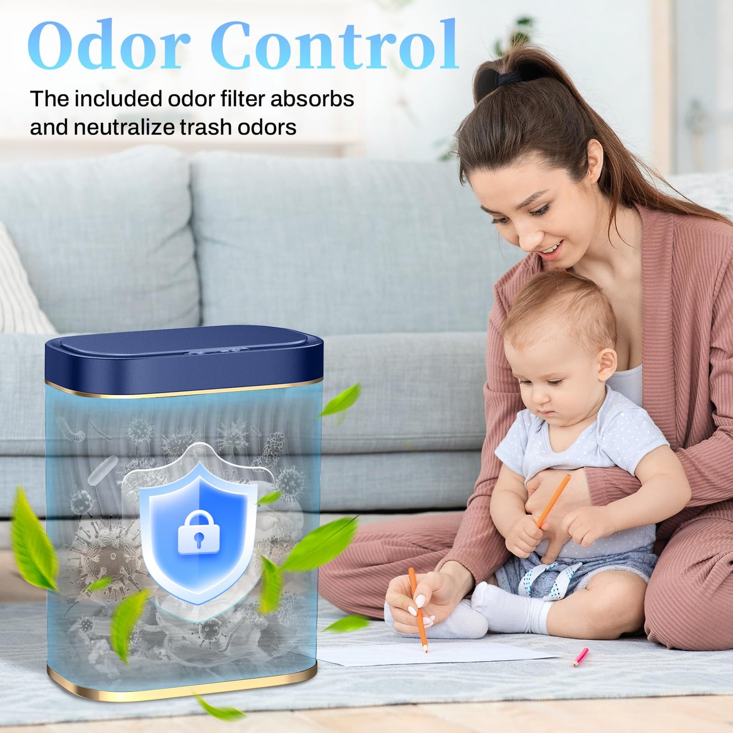steo spce Bathroom Small Trash Can with Automatic Touchless Lid, 2.6 Gallon Smart Garbage Can Narrow Waterproof Trash Bin for Bedroom, Office, Living Room (Dark Blue)