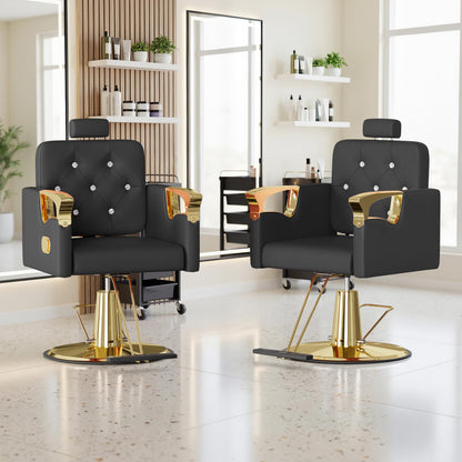LOUVIXA Barber Chair Reclining, Salon Chairs for Hair Stylist, Height Adjustable Salon Styling Chair, Heavy Duty Barber Chairs, 360 Swivel Barbershop Chair (Black-Golden-440lbs)