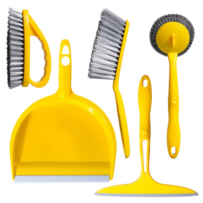 5-Piece Mini Desktop Cleaning Kit - Dust Pan Set with Wire Brush, Duster & Scouring Pad - Yellow Household Tools for Desk, Keyboard & Small Spaces
