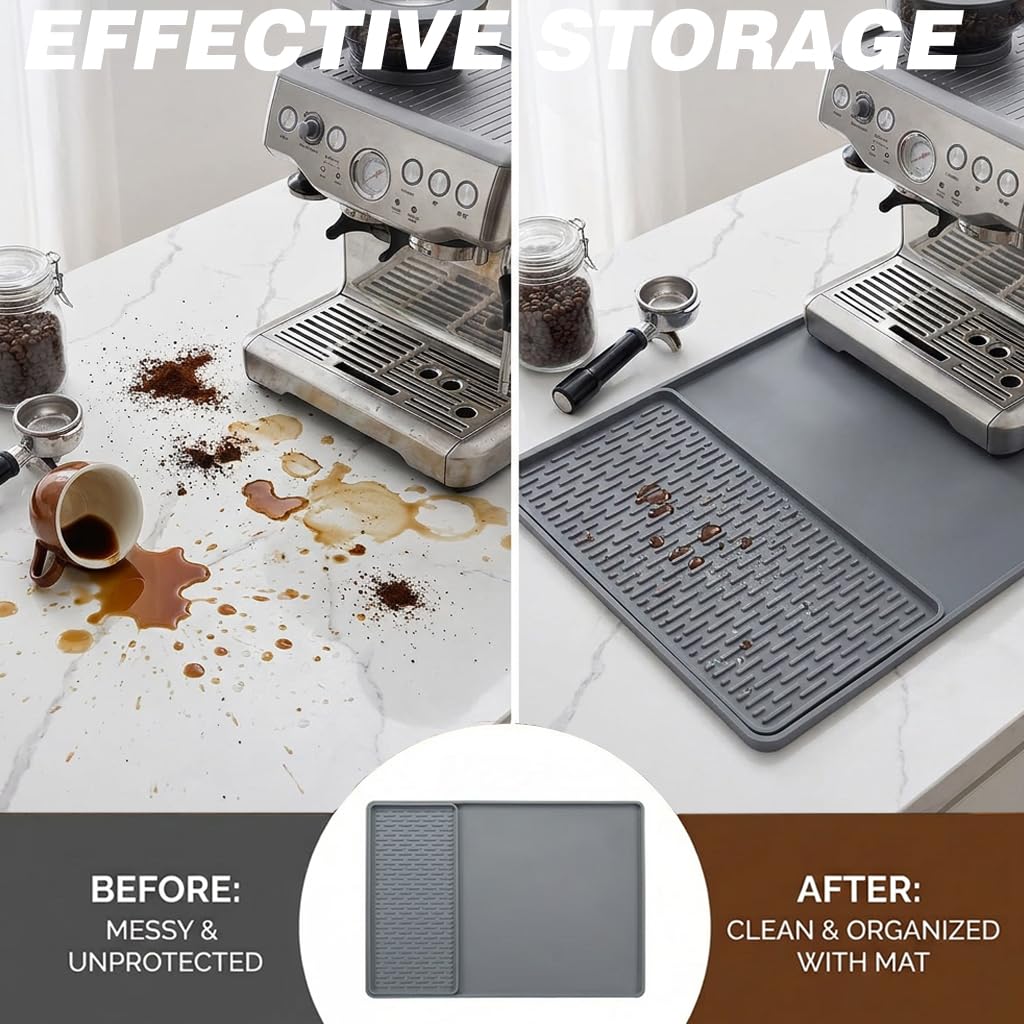 Caketime 2 In 1 Silicone Coffee Bar Mat Accessories for Ninja Coffee Maker with Detachable Dish Drying Rug Kitchen Counter Under Sink Drainer Appliances Dorm Room Decor 16"x24" Extra Large Black