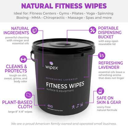 Wipex Yoga Mat Cleaner Wipes - Plant-Based Lemongrass, Eucalyptus & Vinegar Wipes for Gym & Fitness Equipment & All Purpose Gym Cleaning - Safe for Peloton Bikes & Treadmills - 400 Count