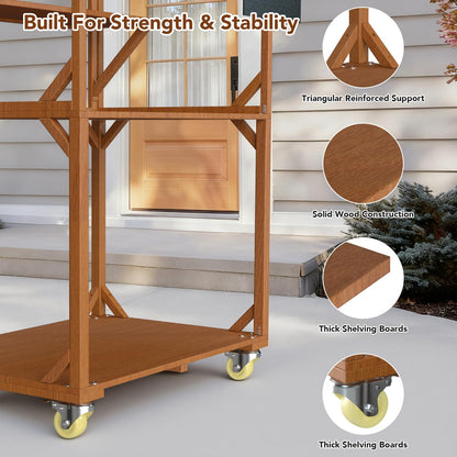 SUNRISELAND Wooden Farm Stand Cart, Solid Wood Farmers Market Stand with Wood Roof, Heavy Duty Display Table with Lockable Wheels, for Events & Small Business, Light Brown