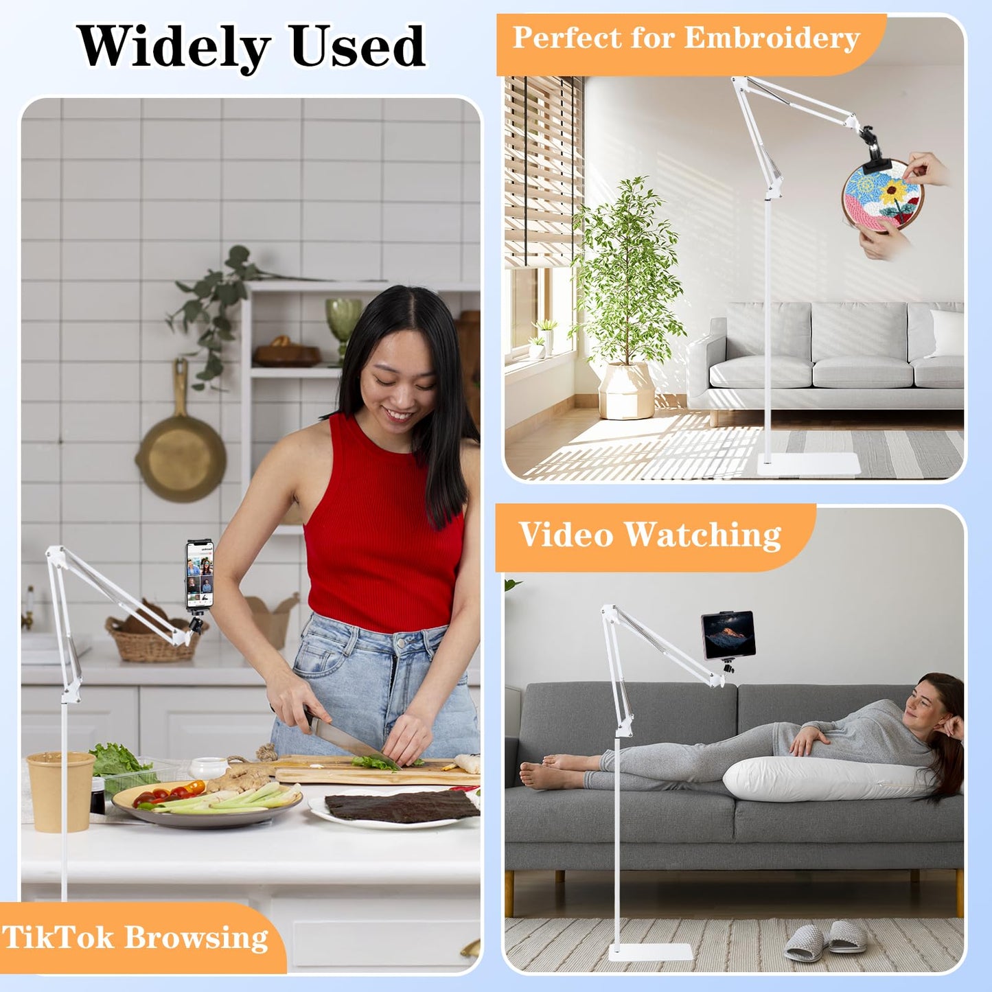 Adjustable Embroidery Hoops Stand for Hand Work,Cross Stitch Frame with 360° Rotation, Hands-Free Stitching,3-in-1 Hoop/Tablet/Phone Holder Floor Stand,White