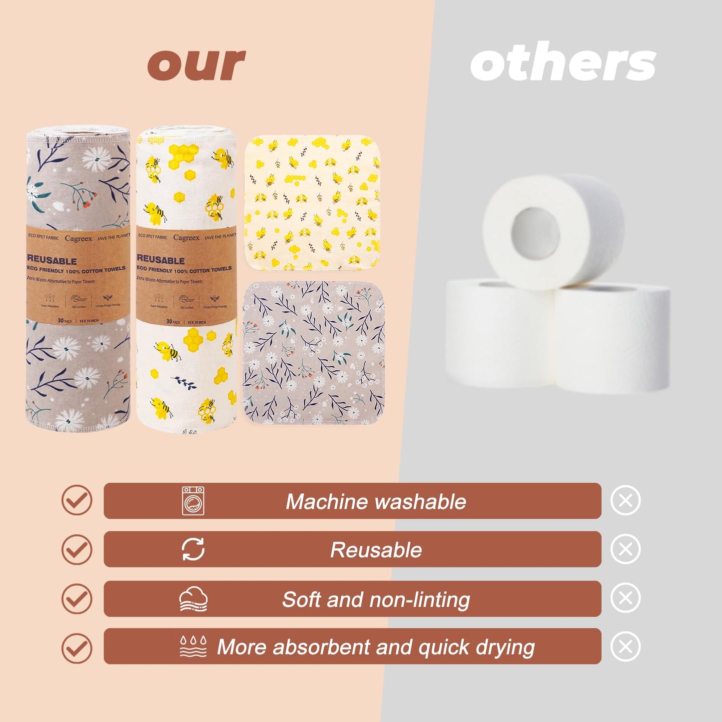 Cagreex Reusable Dishcloths Kitchen Towels Cotton: 30 Packs 10X10 Washable Roll Paperless Paper Towels Absorbent Dishcloths Set Dish Tea Towel for Kitchen Drying (15Bee+15Daisy, 10×10")
