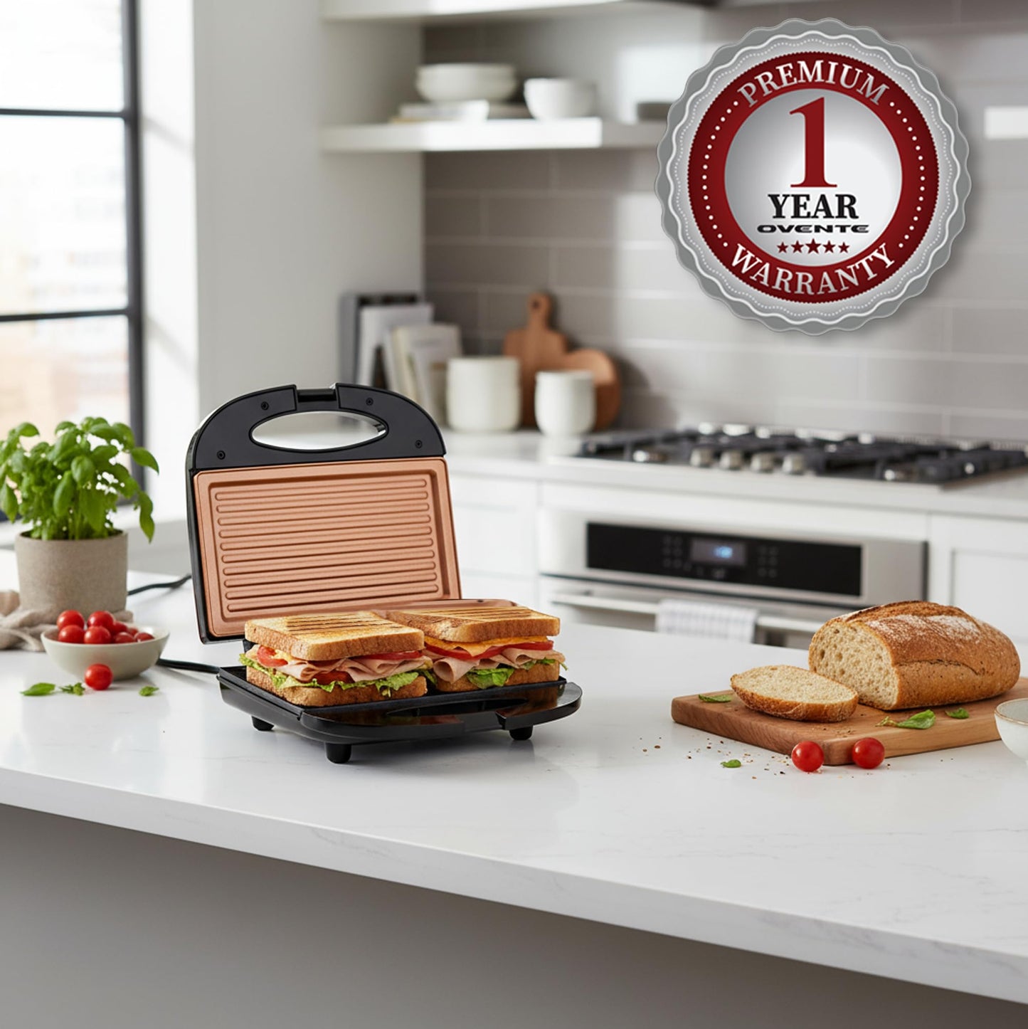 OVENTE Electric Panini Press Grill with Nonstick Plates, LED Indicator Lights, Thermostat Control, Compact Sandwich Maker Perfect for Cooking Breakfast, Steaks, Eggs Snacks & More, Copper GP0110CO