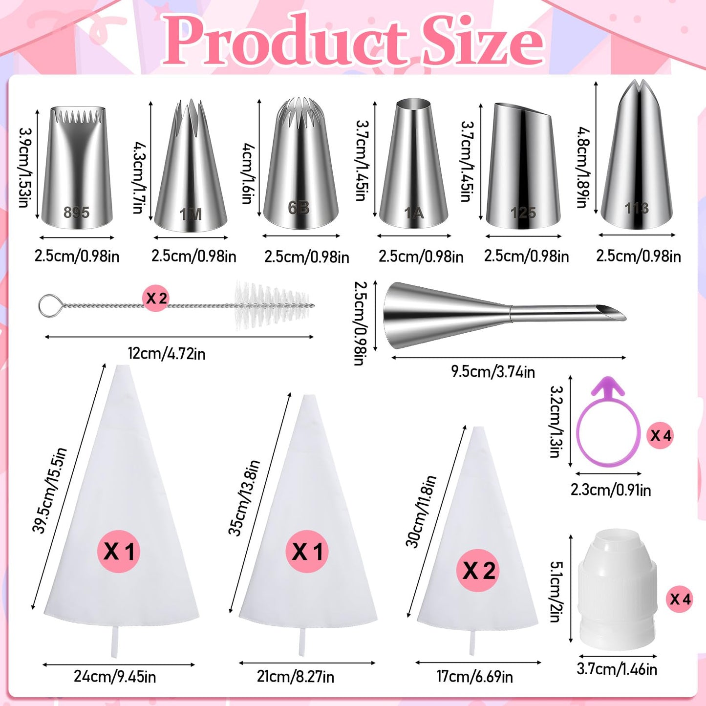 Reusable Piping Bags and Tips Set, Cotton Reusable Piping Bag 12+14+16", with Coupler, Stainless Steel Nozzles & Cleaner, Easy to Clean, Eco-Friendly Baking Kit for Cake Decorating