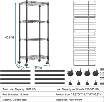 4-Shelf 11.8" 17.7" 40.8" M MZG Adjustable Heavy Duty Steel Wire Rack, Adjustable Storage Shelving Unit with Wheel
