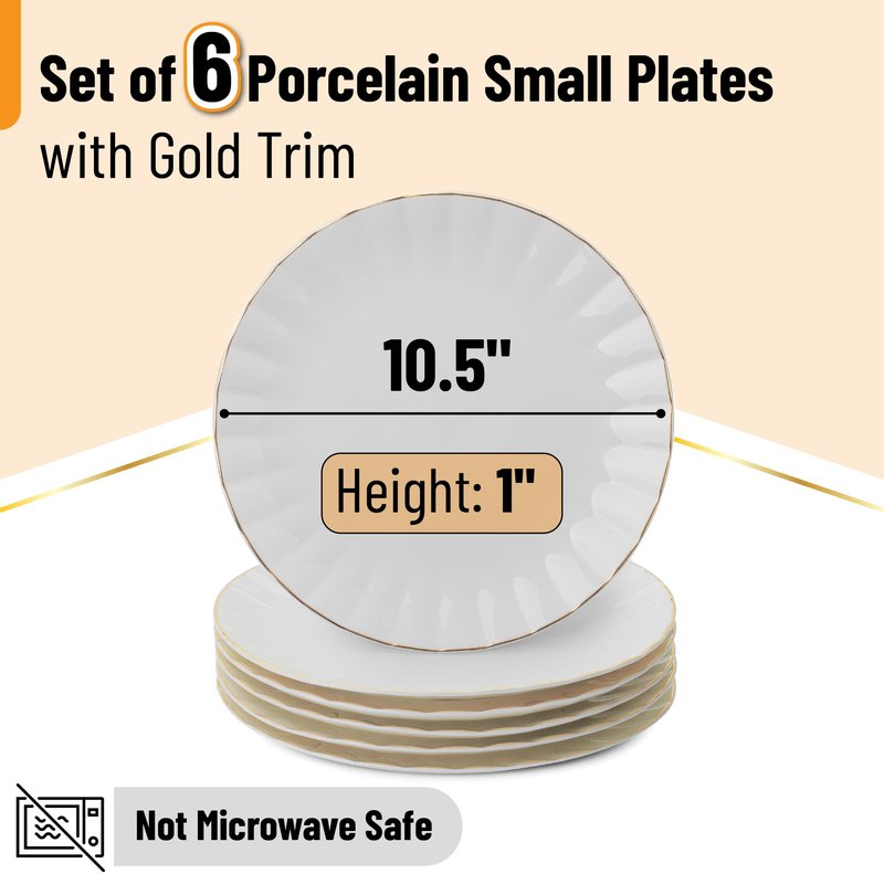 BTaT- Porcelain Dinner Plates with Gold Trim,10.5 inch, Set of 6, White Dinner Plates Bulk, White Plate Set