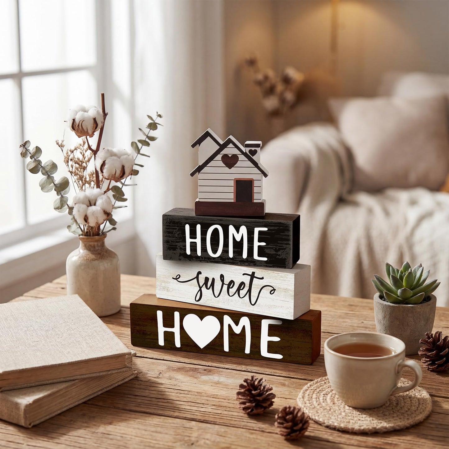 Cinnvoice 4 Pcs Woodhouse Wooden Block Decor Farmhouse Tiered Tray Signs Home Sweet Home Tabletop Centerpiece for Kitchen Shelf Decoration Housewarming Gifts