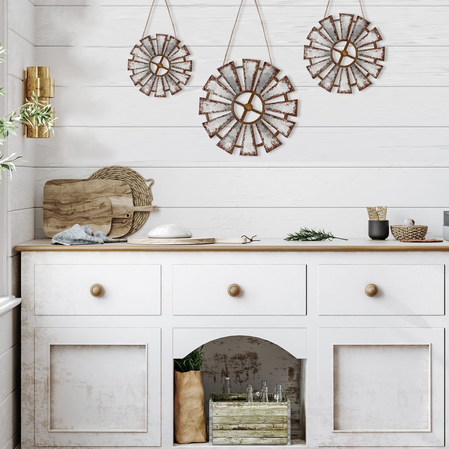 Yookeer 3 Pcs Wood Windmill Wall Decor Farmhouse Hanging Decoration Wooden Windmill Kitchen Decor Rustic Decor Living Room Sculpture Art for Bedroom Nursery Home Decor(Farmhouse)