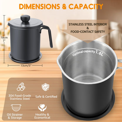 Chihee Grease Container Stainless Steel Bacon Grease Saver with Fine Mesh Strainer 2L / 67.6 fl oz Cooking Oil Keeper Stoarge Can with Dust-proof Lid Non-slip Tray for Kitchen Frying