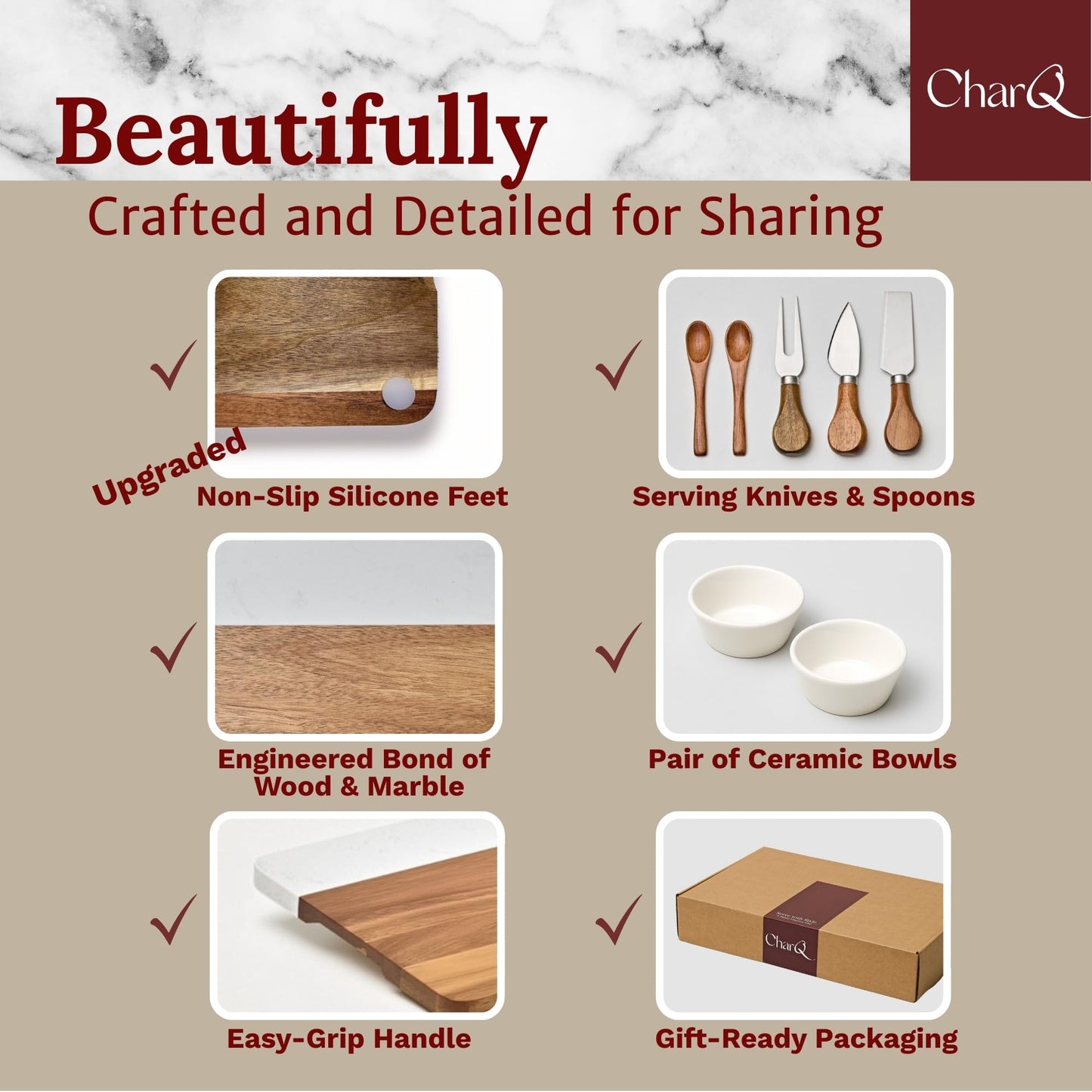 CharQ Charcuterie Board Set - Marble & Acacia Wood Cheese Board and Serving Board Platter, Charcuterie Boards Gift Set for Hosting, Wedding and Housewarming, Bridal Shower Marble Serving Tray